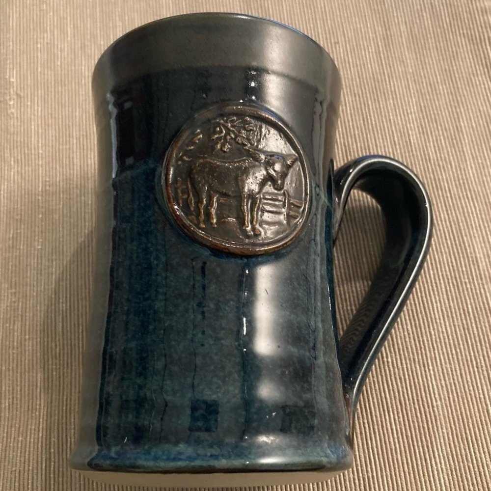 HANDMADE MUG Ceramic Adorned with a Donkey & Maple Leaf Deep Teal & Brown Glaze